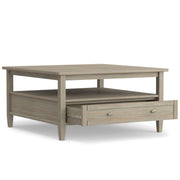 Handcrafted Warm Shaker coffee table by Simpli-Home with a wooden finish and sturdy design for living room decor.
