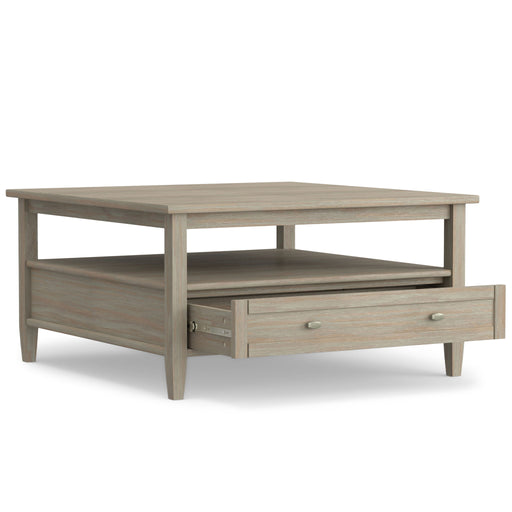 Handcrafted Warm Shaker coffee table by Simpli-Home with a wooden finish and sturdy design for living room decor.