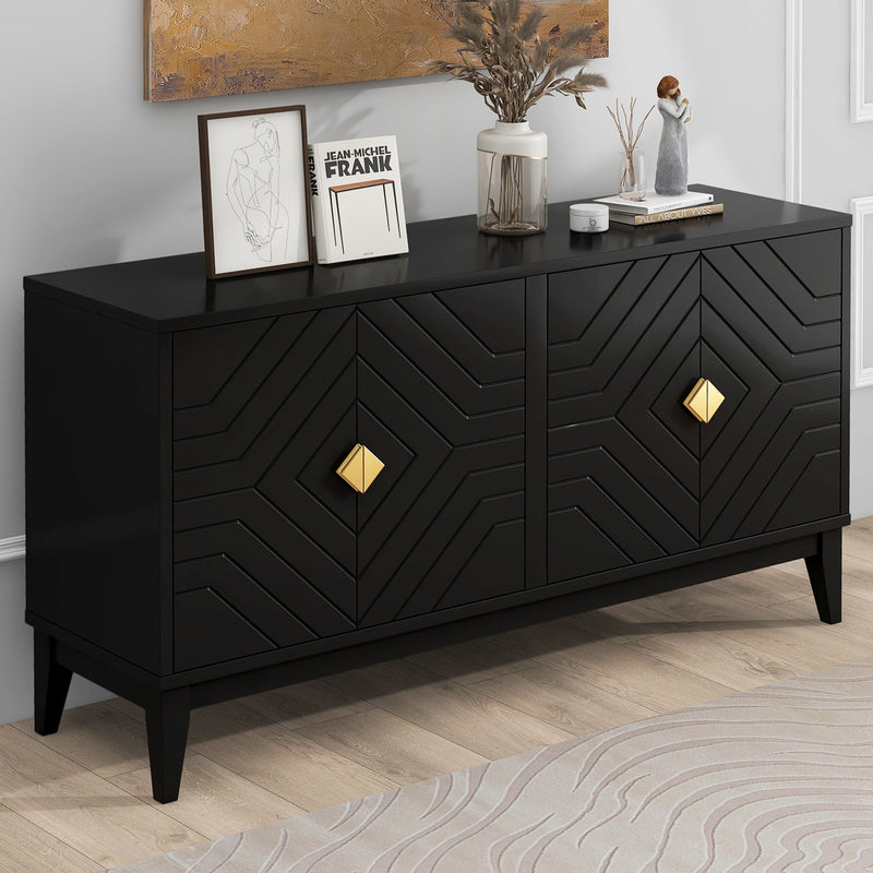 4 Door Sideboard Storage Cabinet For Living Room And Dining Room, 2 Large Cabinets With Gold Handles And Adjustable Shelf - Black - R&R Furniture Gallery (Fountain Valley, CA)