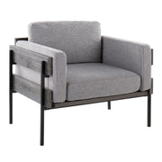 Lumi Source Kari farmhouse accent chair with wooden legs and beige upholstered seat and backrest on a neutral background.