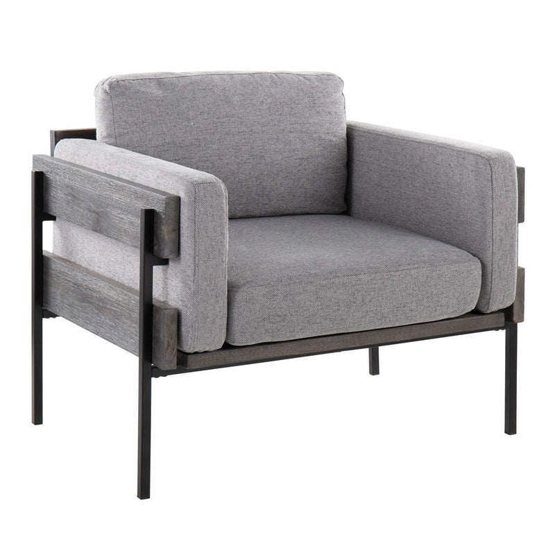 Lumi Source Kari farmhouse accent chair with wooden legs and beige upholstered seat and backrest on a neutral background.