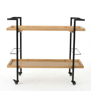 Modern industrial Noble House bar cart with shelving and casters, featuring a sleek metal frame and wooden shelves for storage.