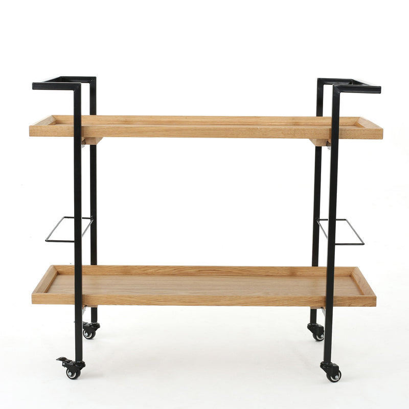 Modern industrial Noble House bar cart with shelving and casters, featuring a sleek metal frame and wooden shelves for storage.