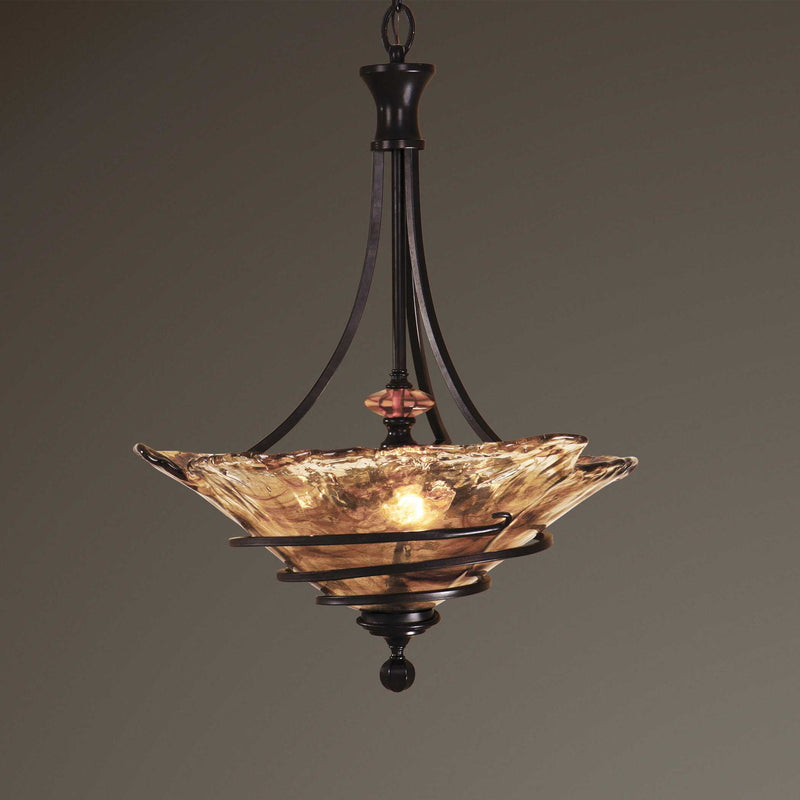 Uttermost Vitalia 3-Light Oil Rubbed Bronze Pendant Lighting with sleek, modern design and three glass shades.