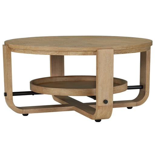 Escape - Cocktail Table Round With Shelf - Glazed Natural Oak / Black Metal Trim - R&R Furniture Gallery (Fountain Valley, CA)