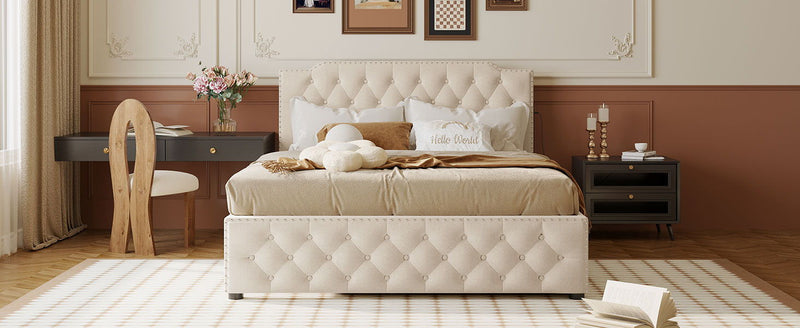 Upholstered Platform Bed With Trundle And 2 Sets Of USB Ports On Each Side, Fabric - R&R Furniture Gallery (Fountain Valley, CA)