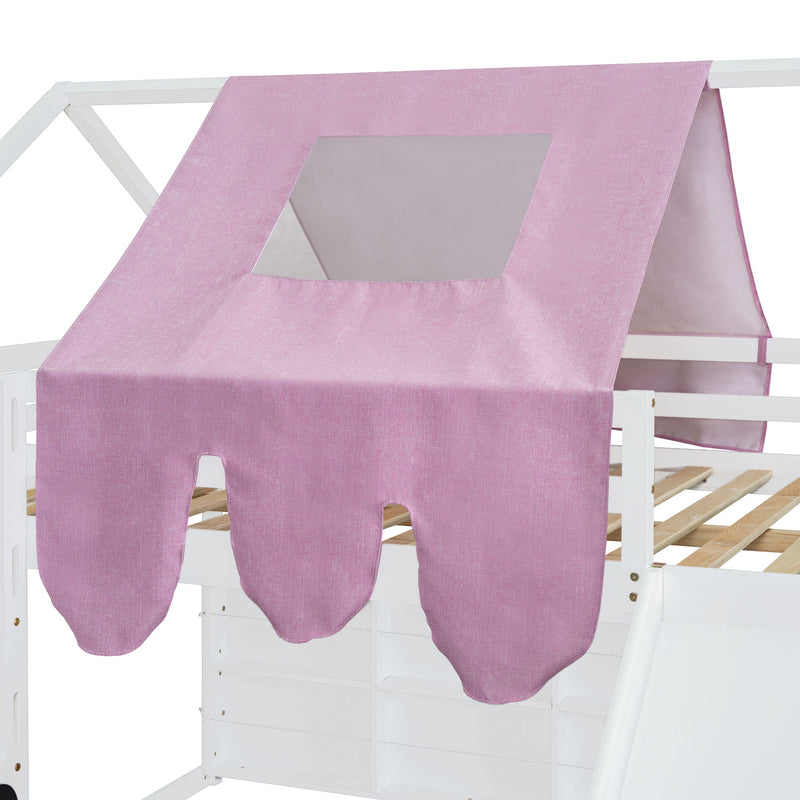 DreamHaus loft bed with house-shaped frame and tent, featuring a cozy sleeping area and play space under the elevated bed.