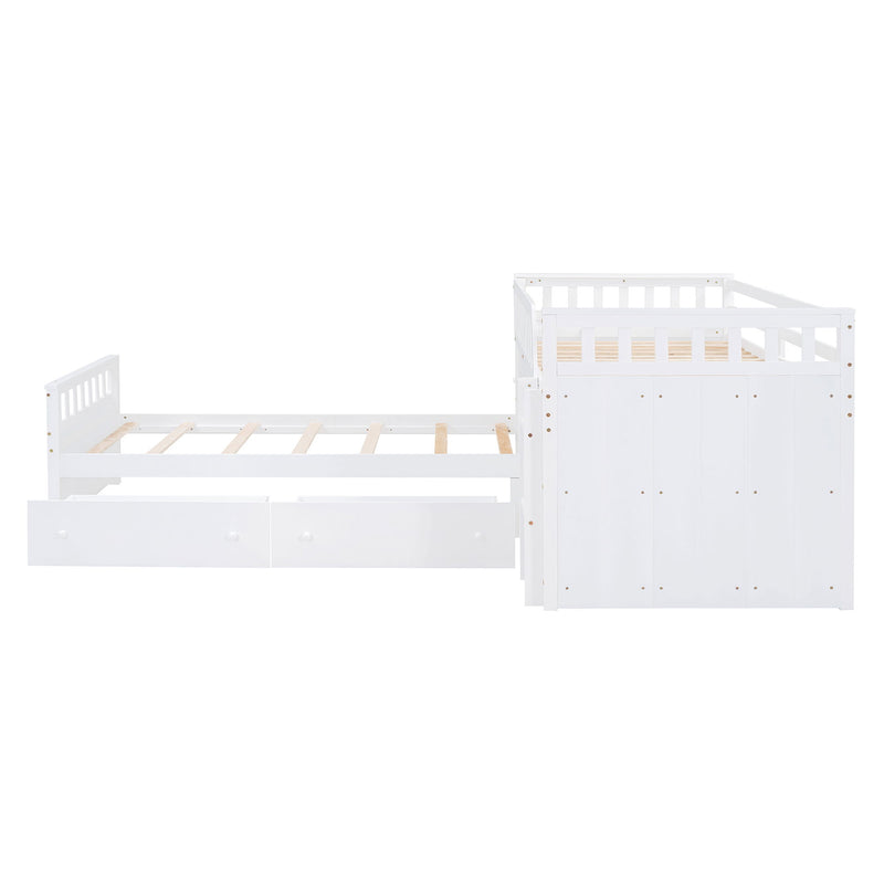 DreamHaus loft platform bed with seven drawers, full guardrails, modern L-shape design, space-saving for bedroom storage.