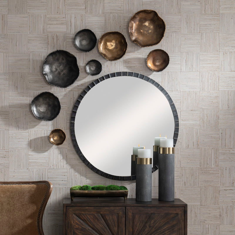 Set of four Uttermost Lucky Coins wall decor bowls featuring intricate designs, perfect for adding cultural charm to your space.