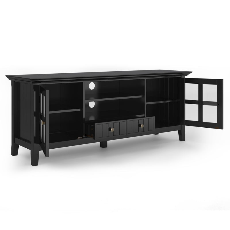 Simpli-Home Acadian TV media stand with open shelves and storage compartments, made of wood with a rustic finish.