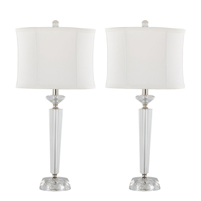 Set of two Lumi Source Diamond Torch contemporary crystal table lamps with clear and off-white shades and polished nickel bases.