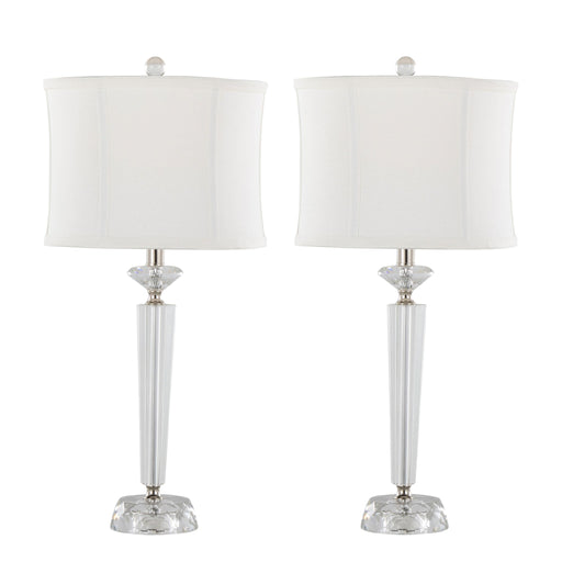 Set of two Lumi Source Diamond Torch contemporary crystal table lamps with clear and off-white shades and polished nickel bases.