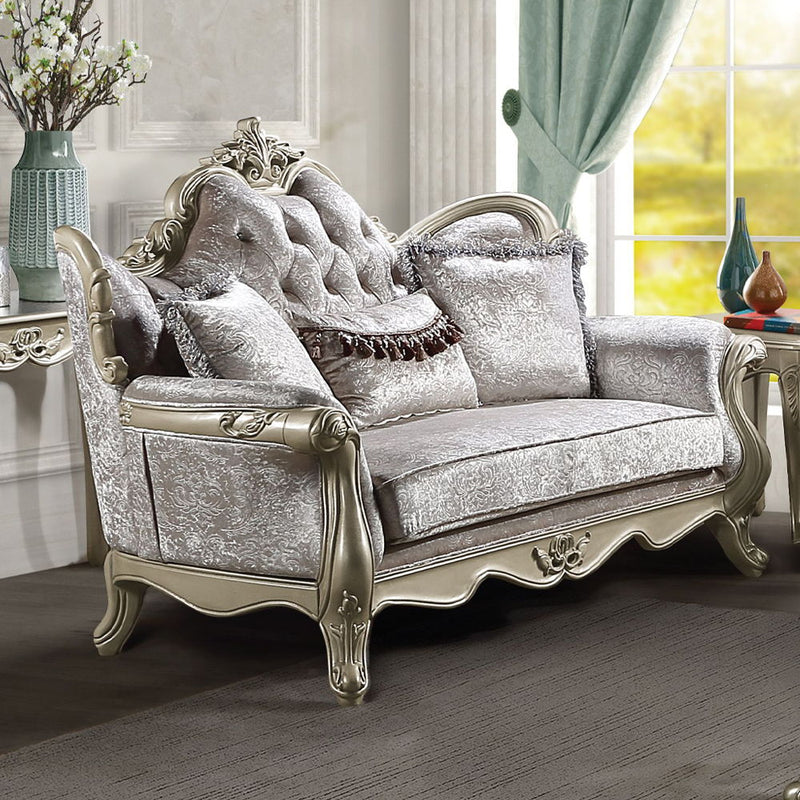 Libertee - Loveseat With 3 Pillows - Beige Fabric & Champagne - R&R Furniture Gallery (Fountain Valley, CA)