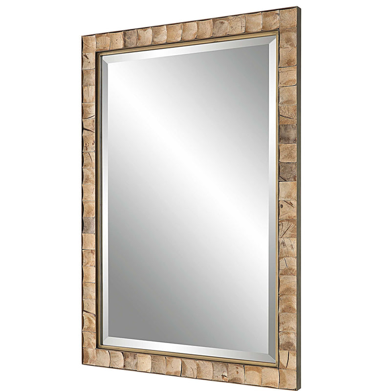 Light brown coconut shell accent mirror by Uttermost, featuring a natural coconut shell frame with textured, organic design.