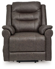 Signature Design by Ashley Oatman Power Lift Recliner in a comfortable fabric with padded armrests and a reclining footrest.