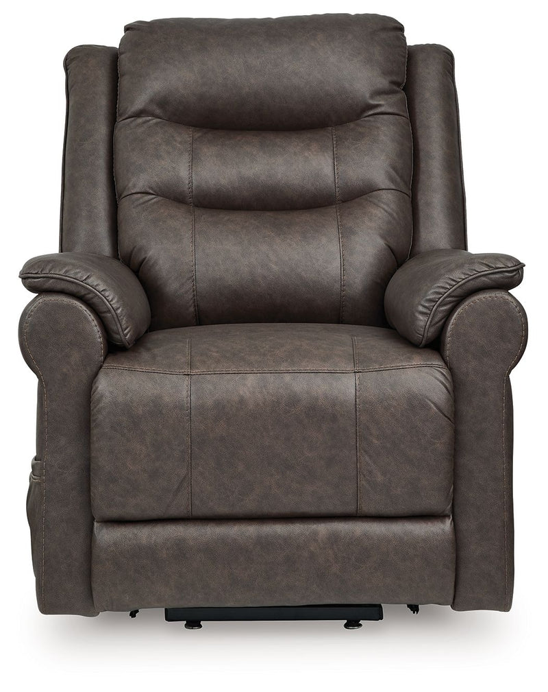 Signature Design by Ashley Oatman Power Lift Recliner in a comfortable fabric with padded armrests and a reclining footrest.