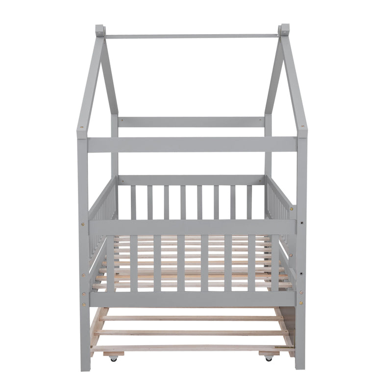 DreamHaus creativity house bed with twin size trundle, featuring a playful, house-shaped design and additional sleeping space.