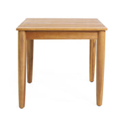 Outdoor square side table with slatted top and wood frame made of teak, ideal for patio or garden seating areas.