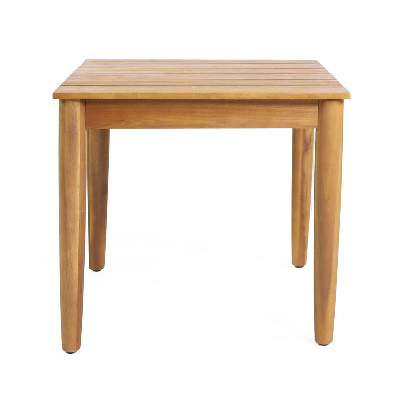 Outdoor square side table with slatted top and wood frame made of teak, ideal for patio or garden seating areas.