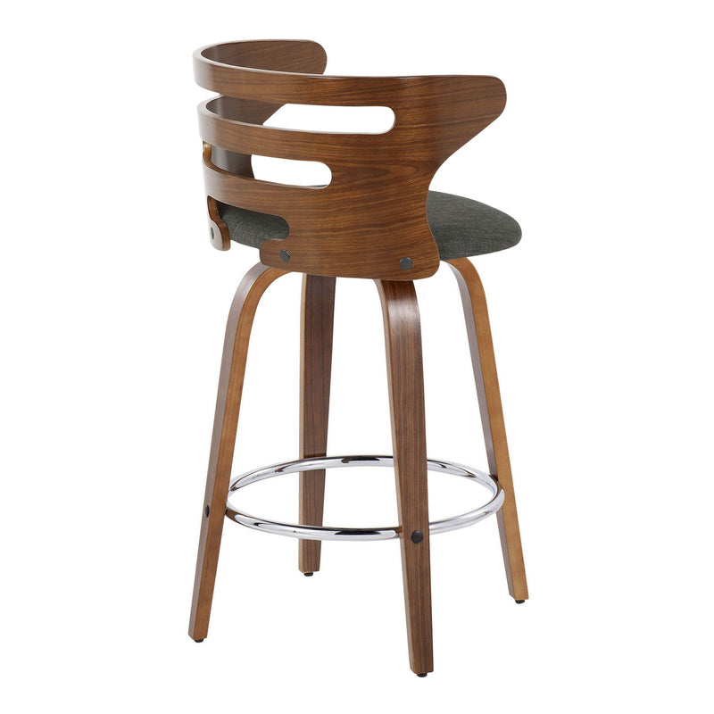 Set of two Lumi Source Cosini mid-century modern fixed height barstools with swivel and round footrest, featuring sleek wooden design.