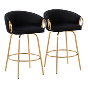 Pair of Lumi Source Claire contemporary glam counter stools with sleek black seats and gold metal legs, set of 2.