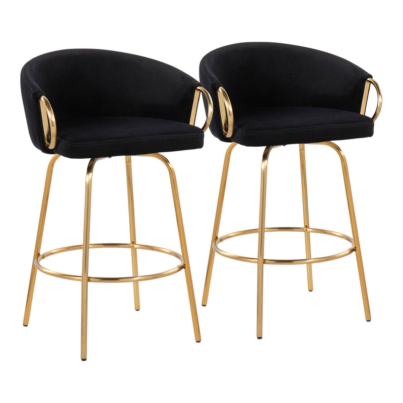 Pair of Lumi Source Claire contemporary glam counter stools with sleek black seats and gold metal legs, set of 2.