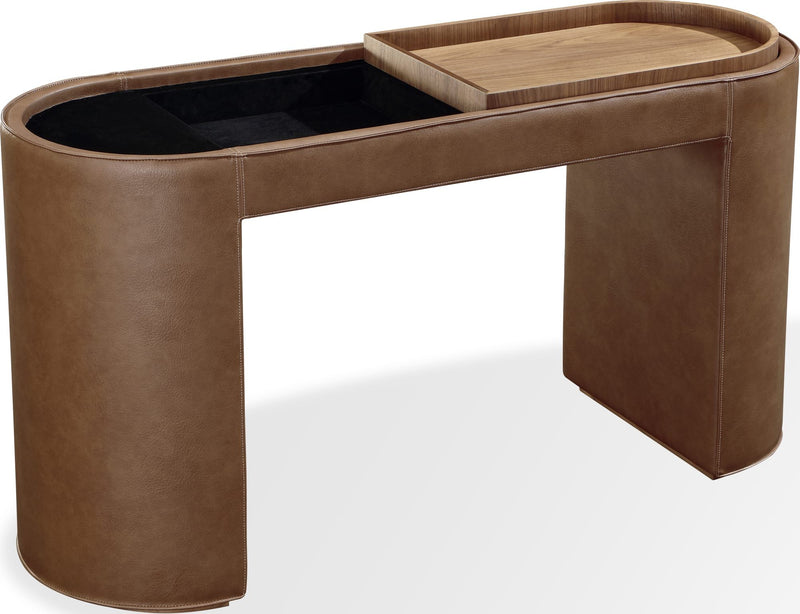 Yeal Leather Upholstered Storage Console Table with Wooden Tray Top