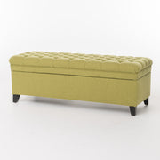 Noble House Juliana storage ottoman with birch wood legs, upholstered in neutral fabric, serving as a versatile seating and storage piece.