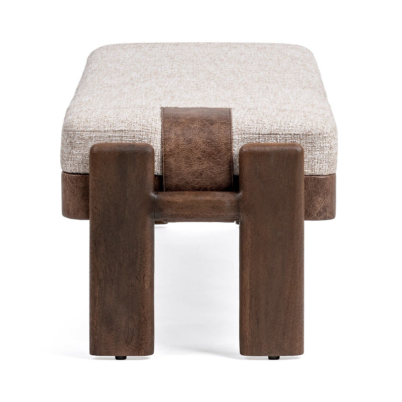 Classic Home Kava Accent Bench in Cocoa Latte with upholstered seat and wooden legs, ideal for living room or entryway decor.