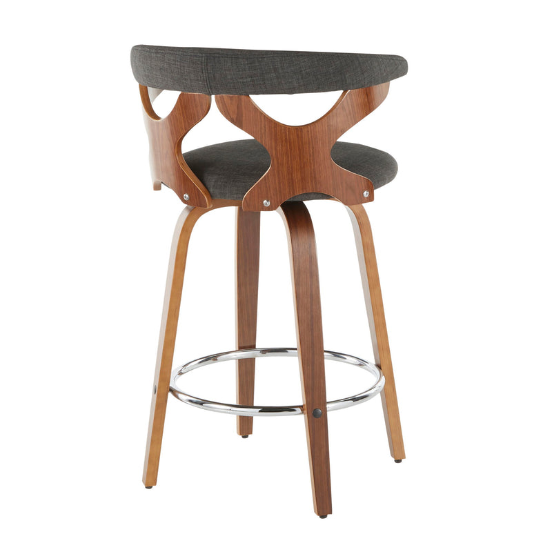 Set of two Lumi Source Gardenia mid-century modern counter stools with wooden seats and sleek metal frames.