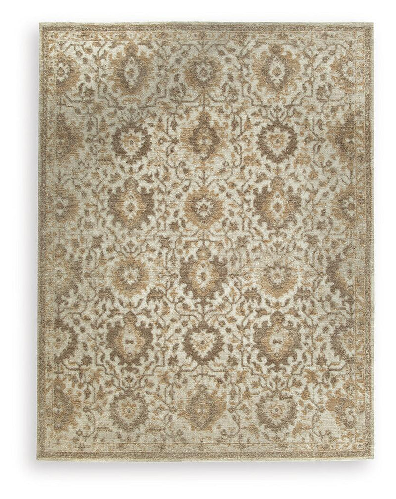 Signature Design by Ashley Sableridge area rug with intricate geometric patterns in neutral tones.
