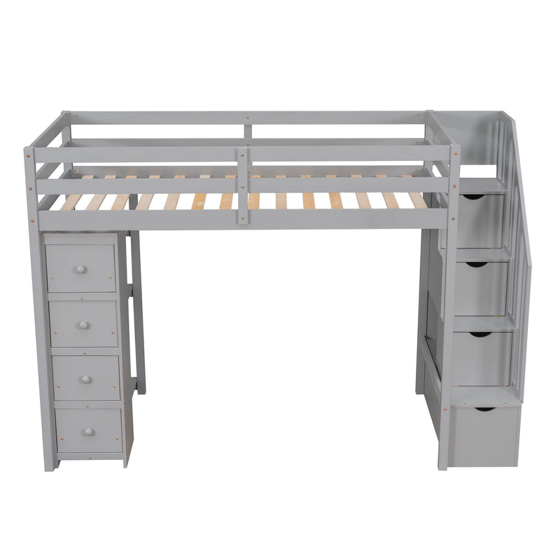 DreamHaus loft bed with built-in storage drawers, stairs with shelves, and a sturdy wooden frame for space-saving sleep solution.
