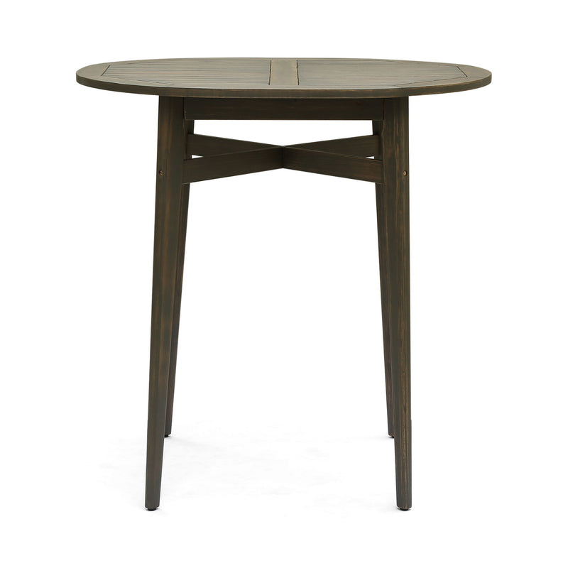 Outdoor acacia wood bar table with slat top, by Noble House, showing a sturdy rectangular design perfect for outdoor seating areas.