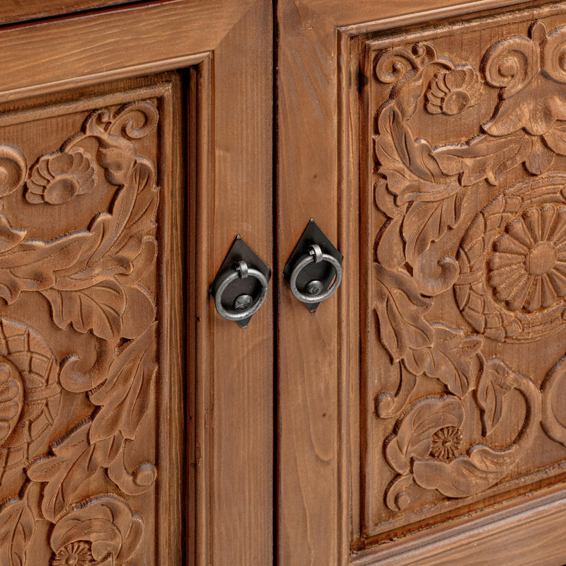 Classic Home Amita 3-drawer, 4-door brown buffet cabinet showing its wooden finish and spacious storage compartments.