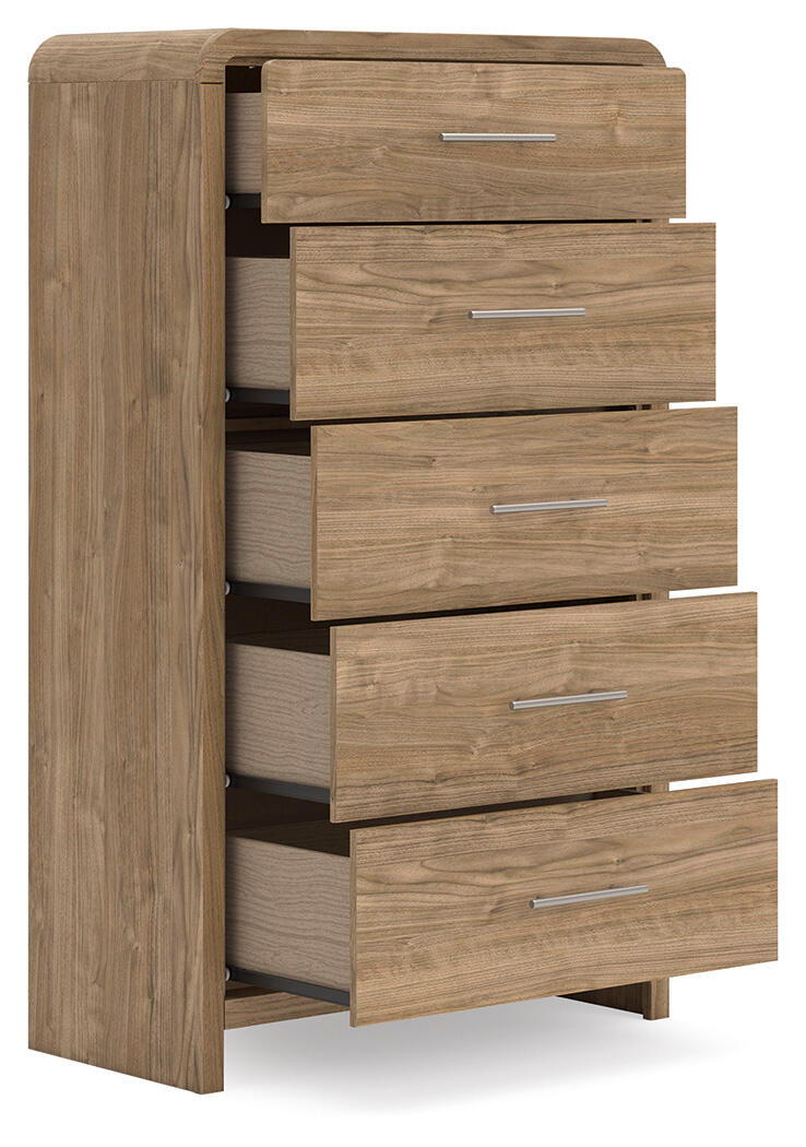 Warm natural brown five-drawer accent chest from Signature Design by Ashley® with sleek wood finish and modern design.