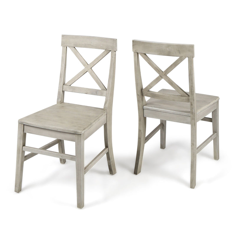 Set of two Noble House Plethora dining chairs with X-shaped backrests, featuring a modern design and comfortable seating.