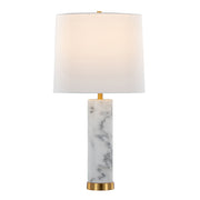 Set of two Lumi Source Marabella contemporary marble table lamps with brass bases and white shades, modern home decor lighting.