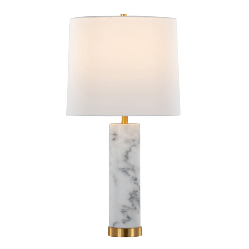 Set of two Lumi Source Marabella contemporary marble table lamps with brass bases and white shades, modern home decor lighting.