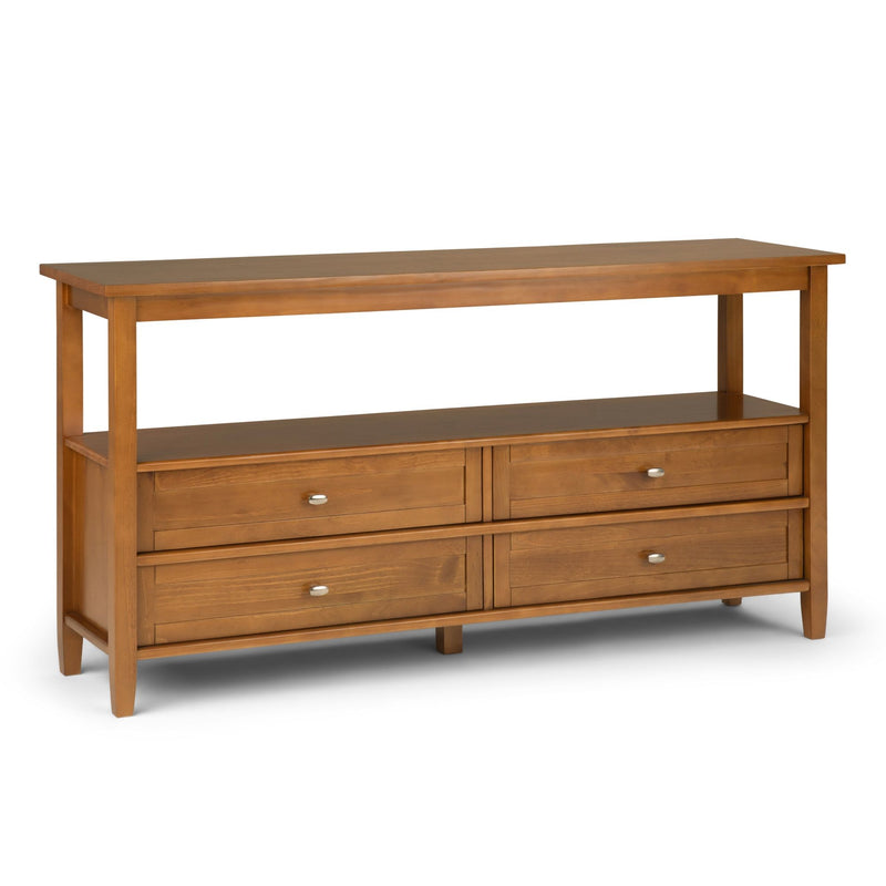 Light golden brown wide console sofa table from Simpli-Home, featuring a warm shaker style design with clean lines and a spacious surface.