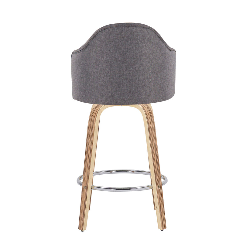Set of two Lumi Source Ahoy gray mid-century modern counter stools with zebra legs and round chrome footrest.