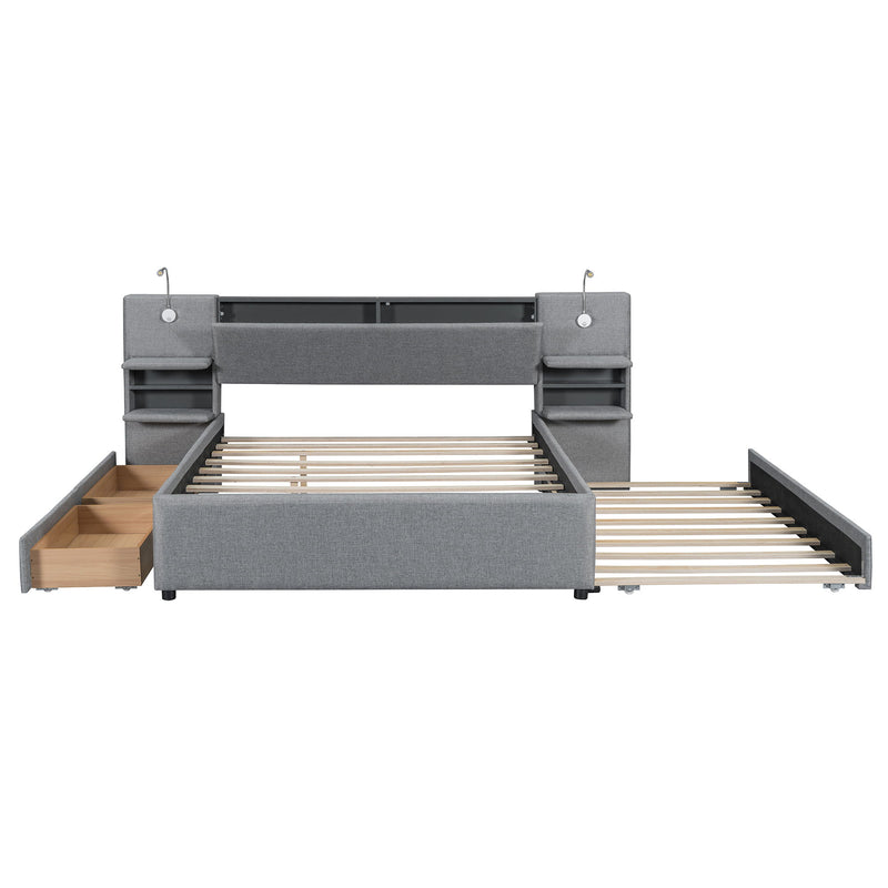 Upholstered Platform Bed With Reading Lights, Drawers, Trundle And Shelves - R&R Furniture Gallery (Fountain Valley, CA)