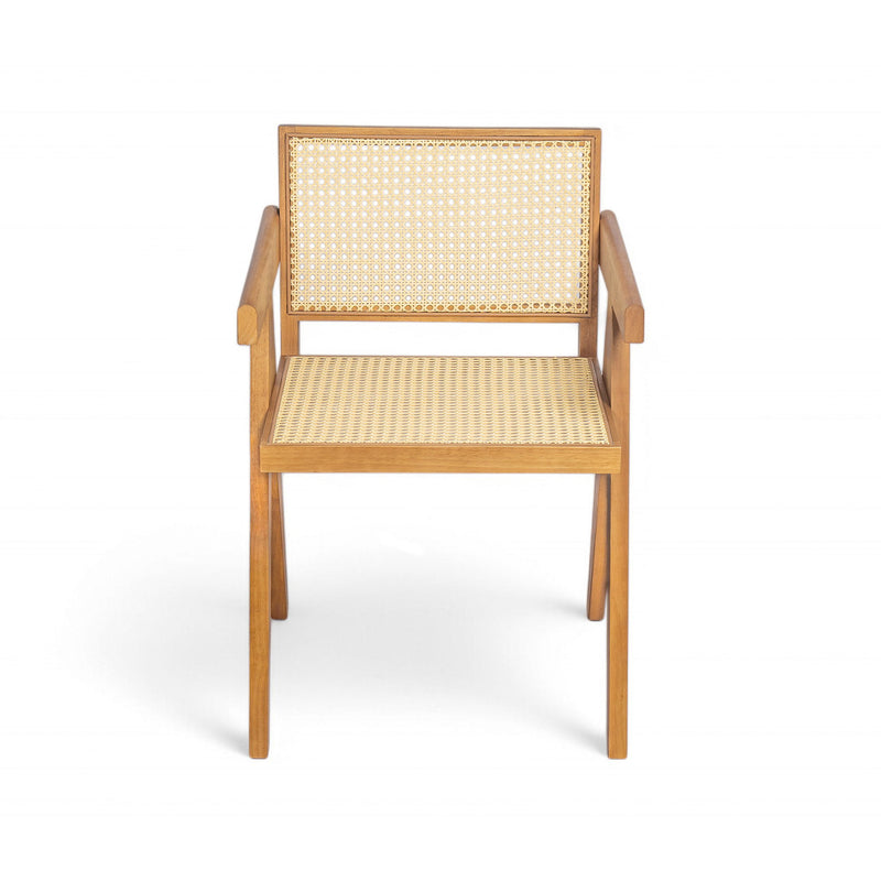 Set of two Noble House Chandigarh arm dining chairs with natural cane design, featuring sturdy wooden frames and comfortable seating.