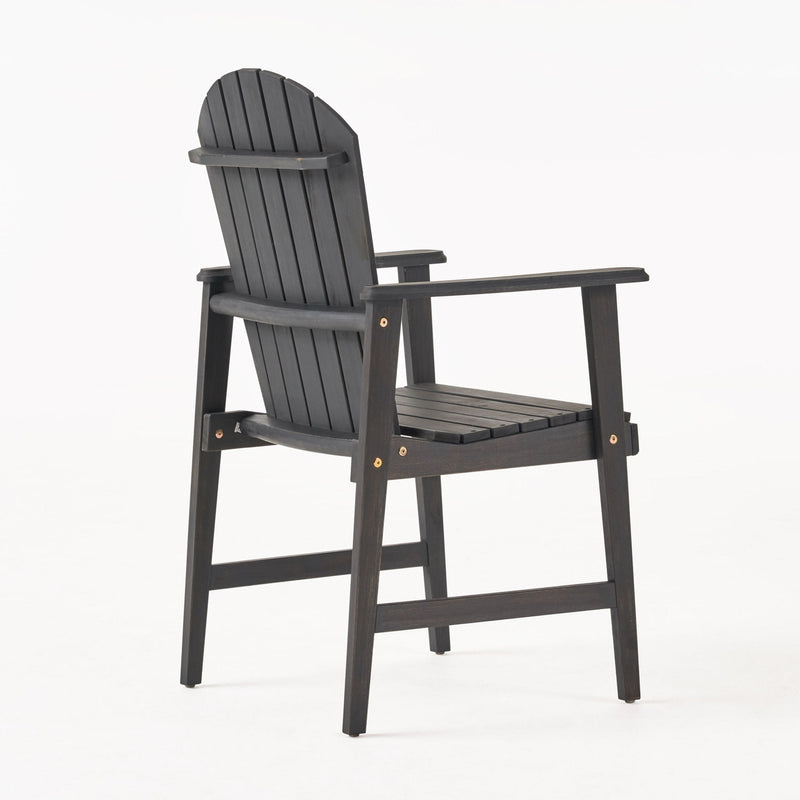 Set of two weather-resistant acacia wood Adirondack dining chairs by Noble House, featuring wide armrests and slatted back design.
