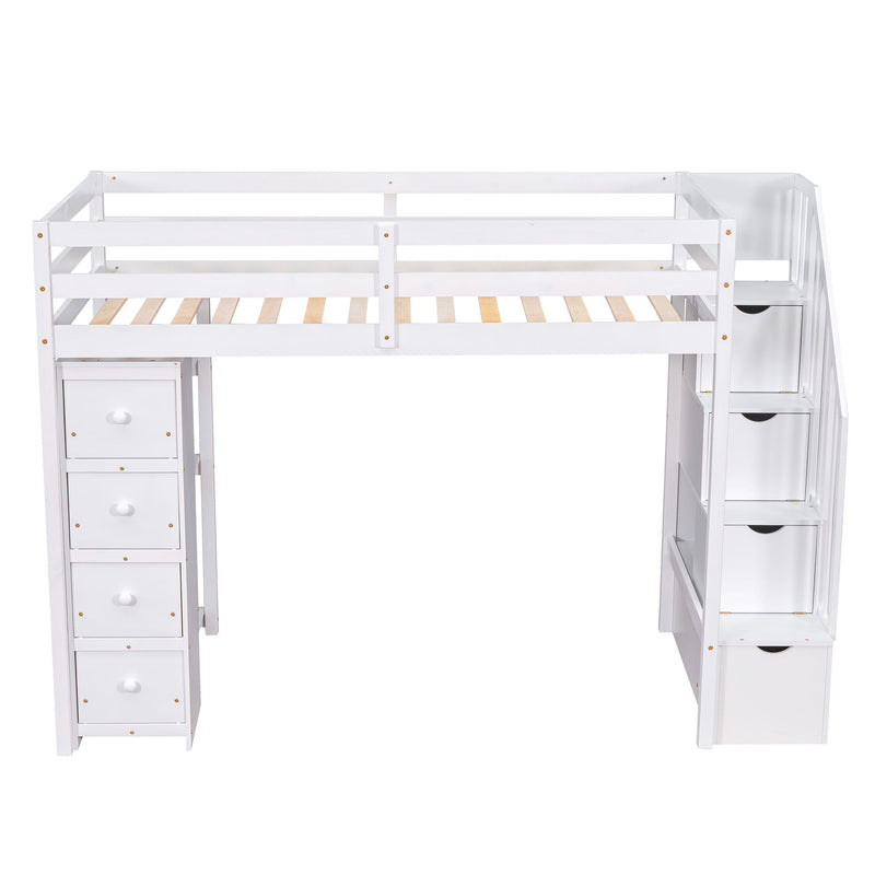 DreamHaus loft bed with storage drawers, stairs with shelves, and a sturdy wood frame in a modern bedroom setup.