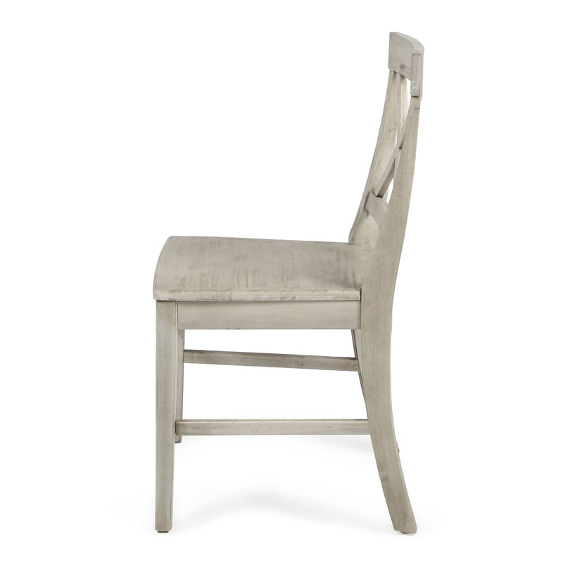Set of two Noble House Plethora dining chairs with X-shaped back design, sturdy wood construction, and cushioned seats.