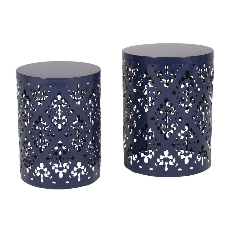 Set of two navy blue Noble House modern iron end tables with cut design, featuring sleek, contemporary style for living room decor.