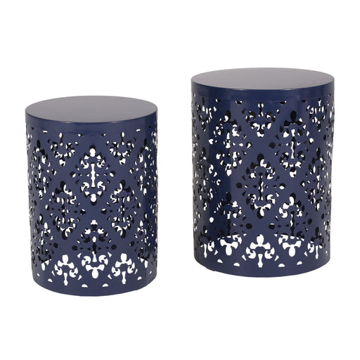 Set of two navy blue Noble House modern iron end tables with cut design, featuring sleek, contemporary style for living room decor.