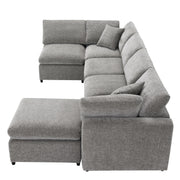 Modern Luxe & Co. cloud sofa bed with six-seat sectional and ottoman, convertible U-shape sleeper for stylish living room seating.