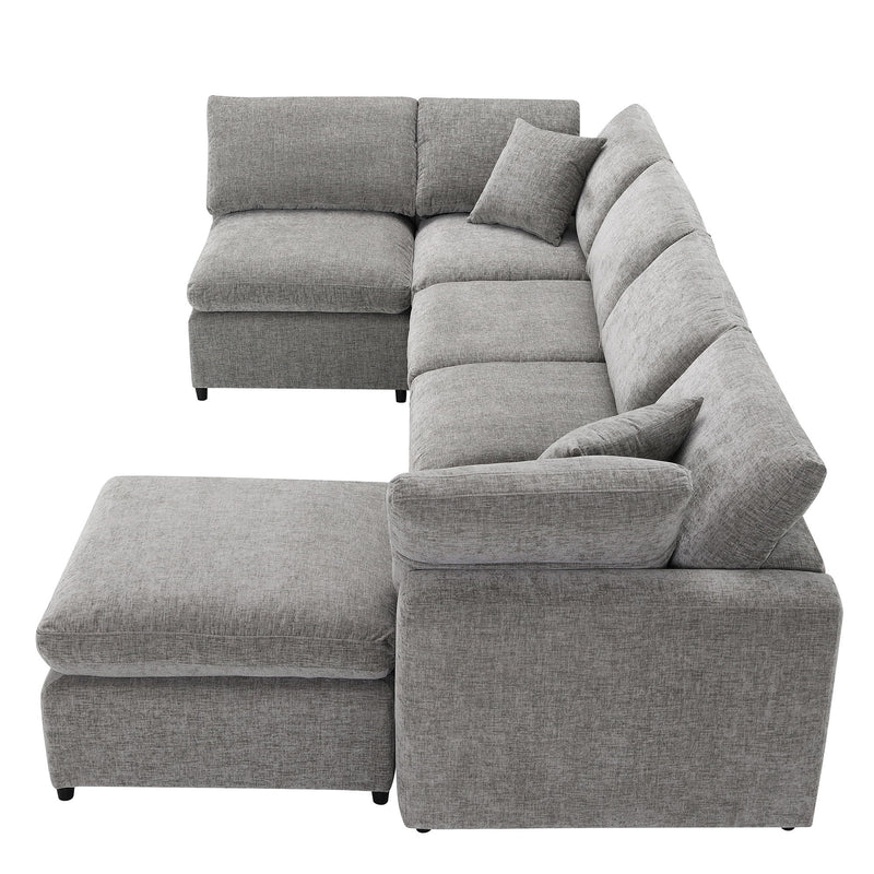 Modern Luxe & Co. cloud sofa bed with six-seat sectional and ottoman, convertible U-shape sleeper for stylish living room seating.