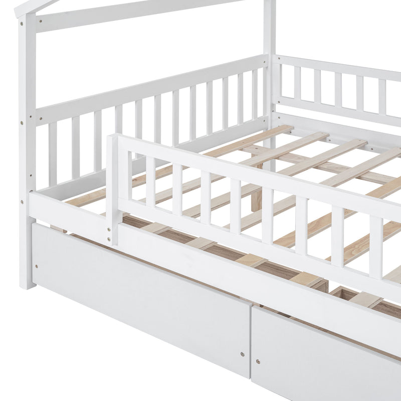 DreamHaus house bed with built-in storage drawers, featuring a cozy design and two spacious drawers for bedroom organization.